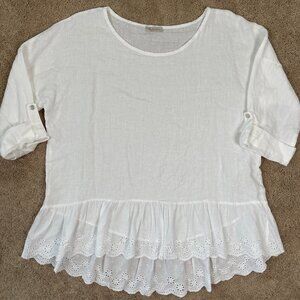 Bellaumbra Shirt Womens L White Linen Eyelet Loose Lightweight Italy Resort
